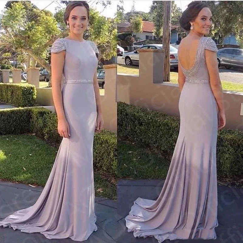 

Charming Mermaid Lilac Mother of the Bridal Dresses Short Sleeves Wedding Guest Dress Back Out Beaded Sweep Train