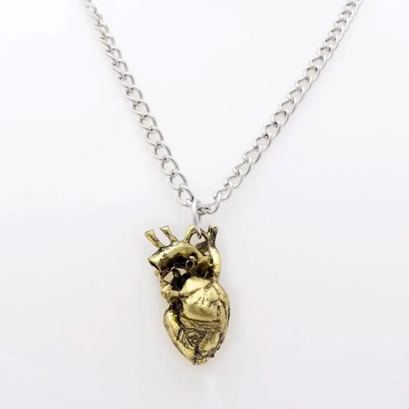 Retro Vintage 3D Anatomical Human Hollow Heart Pendant Necklace Sweater Chain