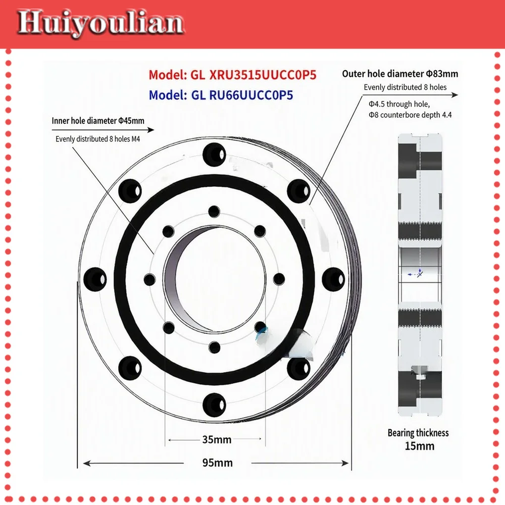 XRU3515UUCC0P5 Crossed Roller Bearing Precision Thin Section Rotary Bearing with Mounting Holes for Robot Joint