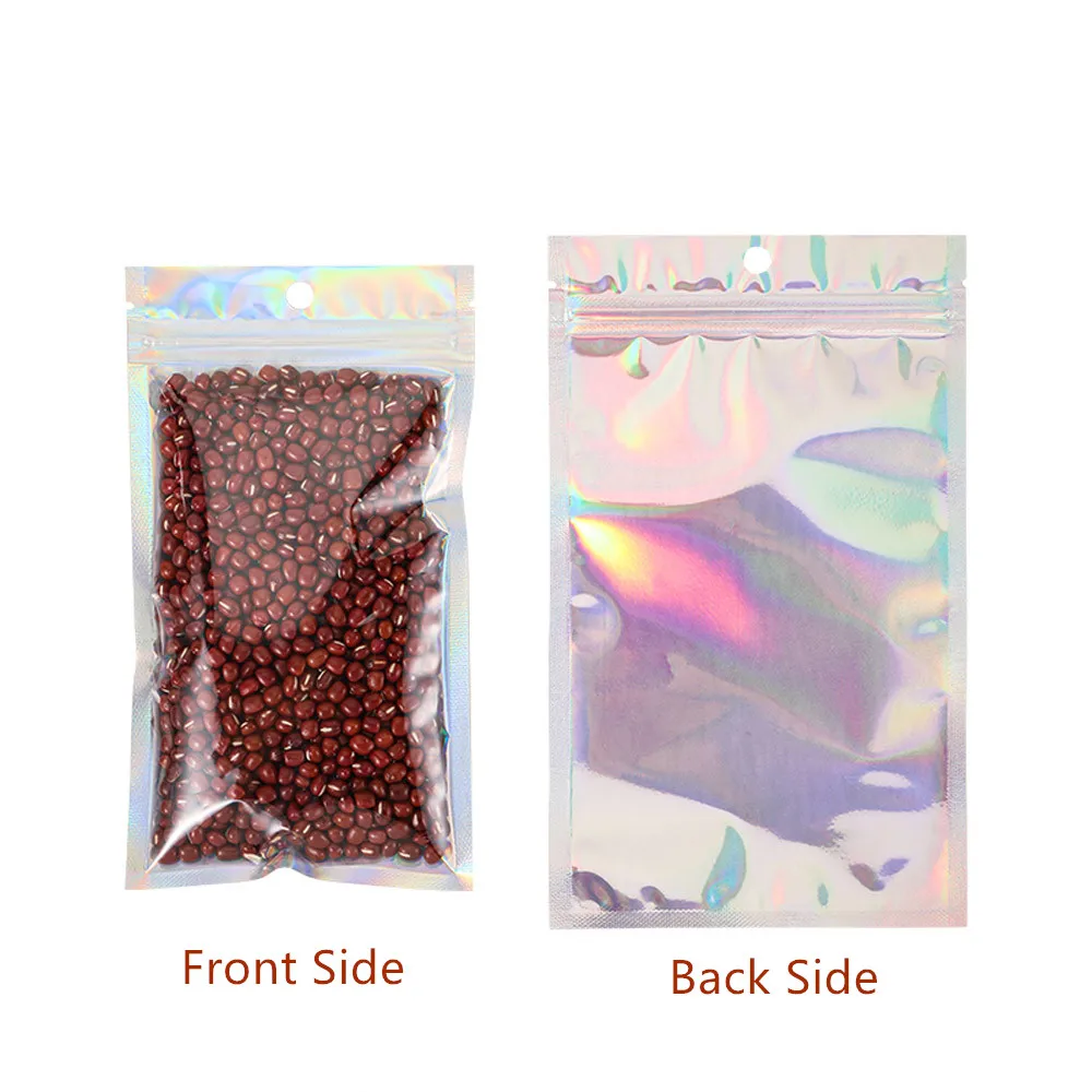 100pcs Laser Aluminum Foil Ziplock Bags with Clear Front - Shiny Surface Zipper Clip Self Sealing Makeup Tool Gift Packing Pouch