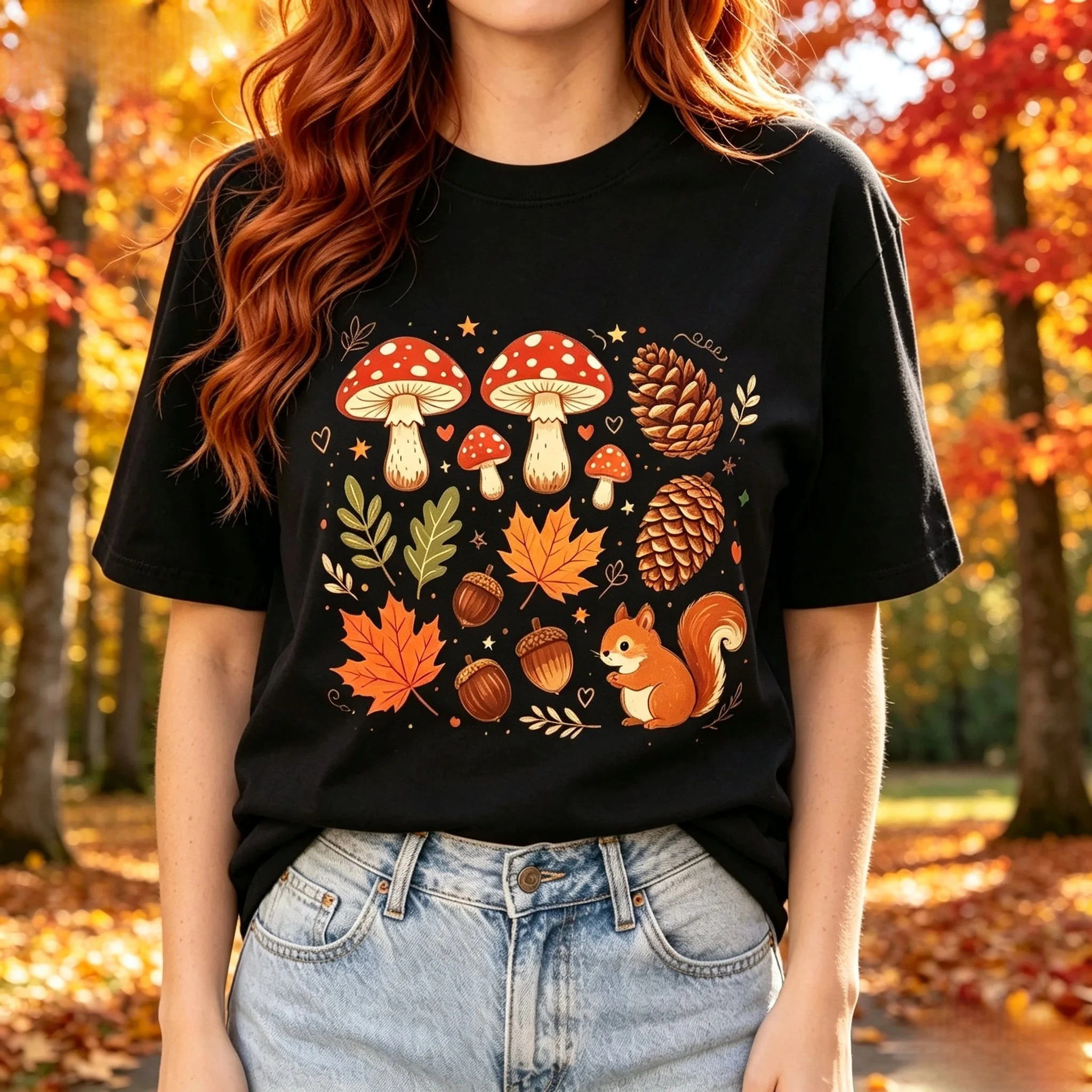 Cute Squirrel Mushroom Autumn Fall Graphic T-Shirt, Maple Leaf Pinecone Acorn Cottagecore Women Short Sleeve Tee