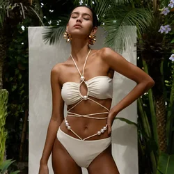 Conjunto de Bikini de cintura alta para mujer, traje de baño de dos piezas con cuello Halter y perlas, ropa de playa de lujo, 2024