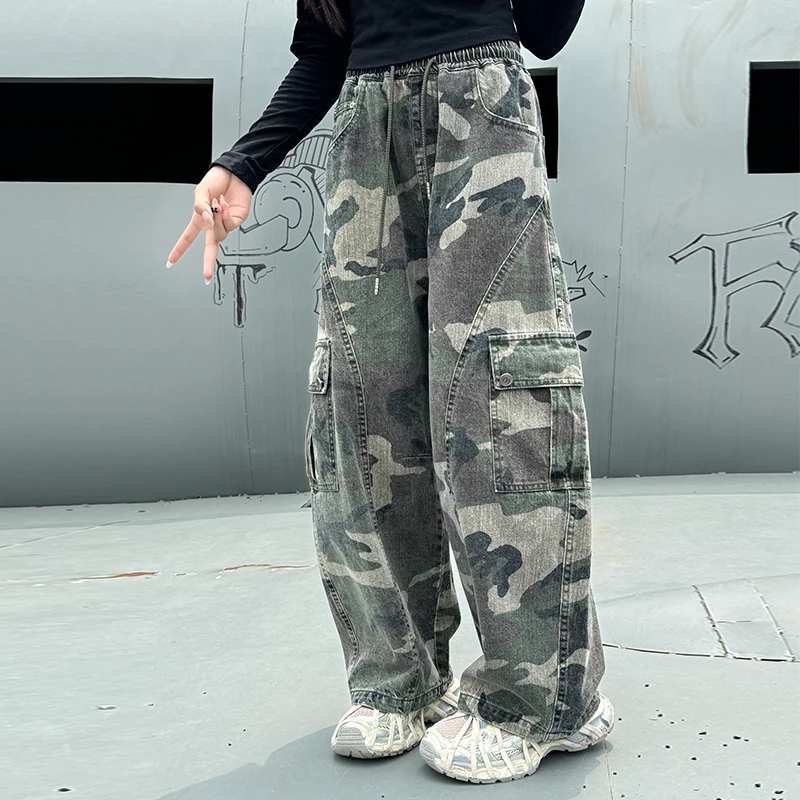 

Child Spring Autumn y2k Camouflage Cargo Pants for Boys Girls Casual Straight Fit Military Camo Trousers Kids Outdoor Trackpants