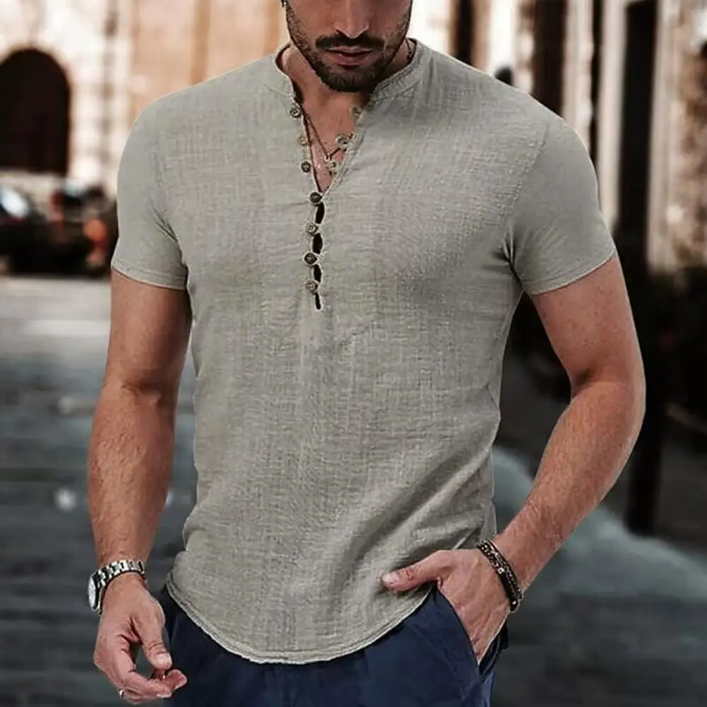 Thin Men Button-down Shirt Men's Casual Cotton Linen Shirt Collection Breathable Summer Tops for Daily Wear V Neck Button Short