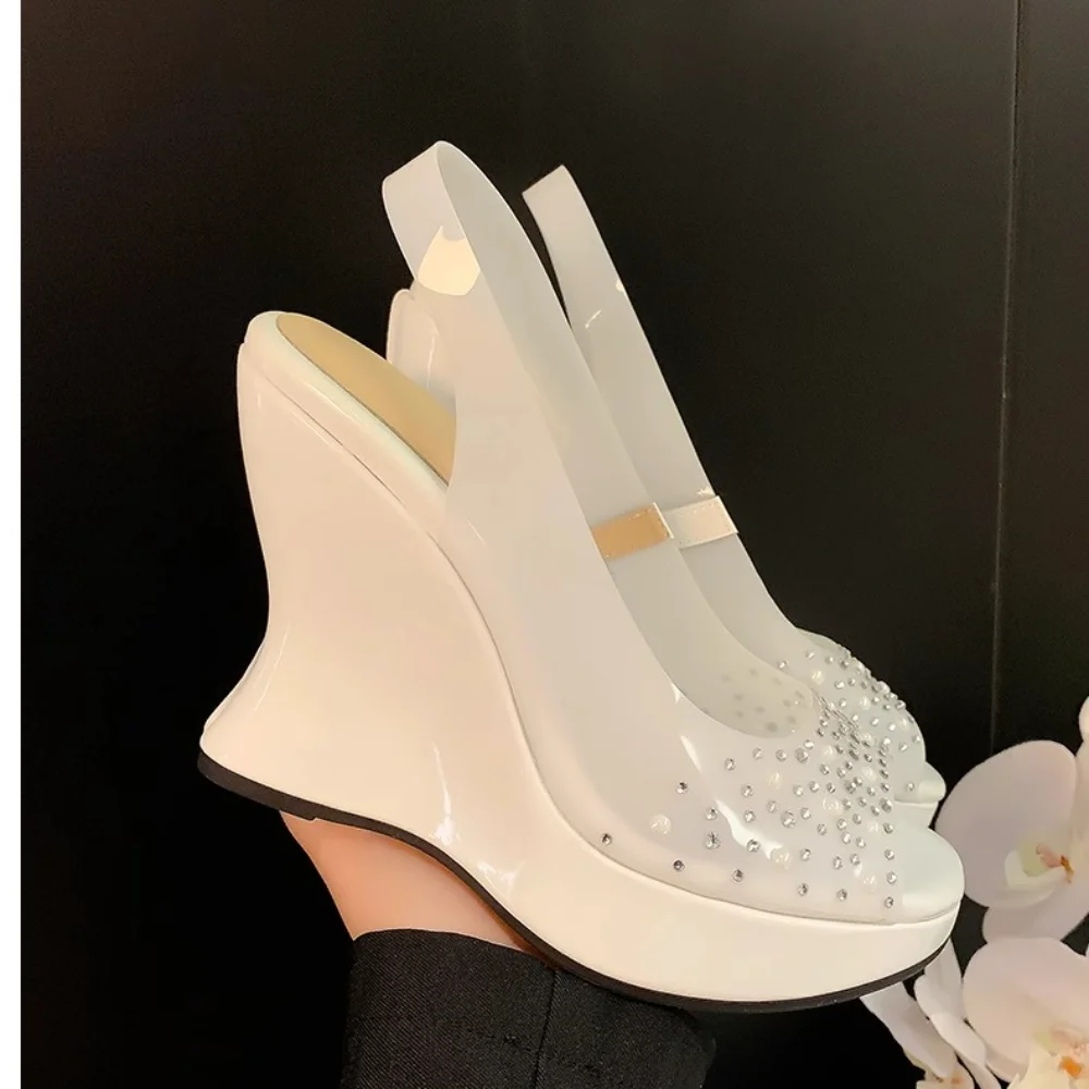 

Summer Newest Peep Toe Wedge Sandals Sexy PVC Rhinestones Decorations Slingback Pumps Super High Platform Dress Shoes White Nude