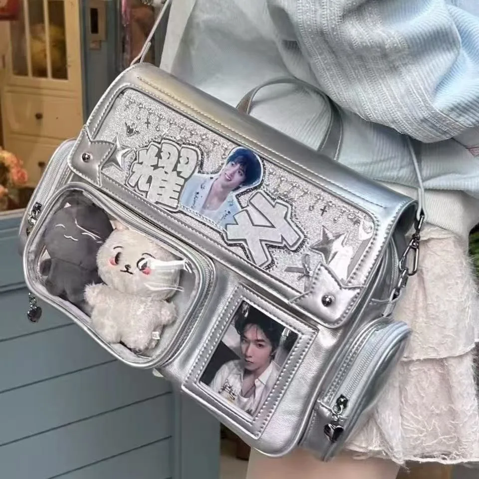 PU Bag Large Capacity Clear Window Shoulder Crossbody Bag Adjustable Strap Display Doll Photo Card Casual Daily Handbag