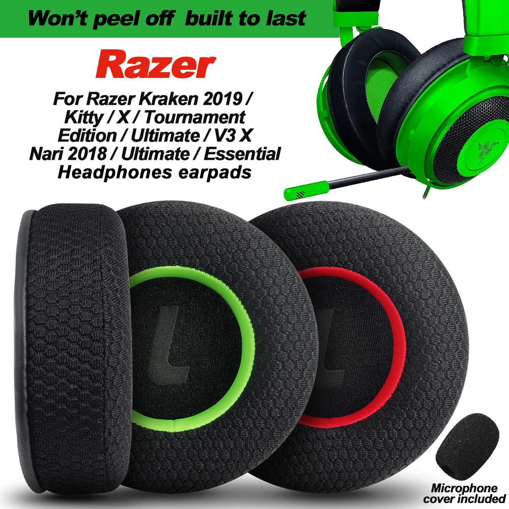 Almohadillas para auriculares Razer Kraken 2019/Tournament Edition/Ultimate Kitty/Nari/Essential/Kraken X/V3, repuesto de tela de malla con memoria