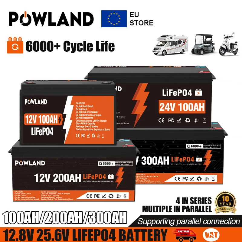 POWLAND LiFePo4 Battery 12V 24V 100AH 200AH 300AH Lithium Iron Phosphate Battery Built-in BMS GradeA 6000 Cycle Solar Camping EU