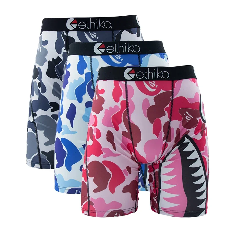 3Pcs ETHIKA Fashion Sexy Men Underwear Boxers Shark Print Man Underpants Sports Panties Lingeries Boxer Briefs Trunks Plus Size