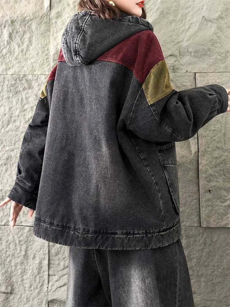 Amax lulue inverno moda feminina com capuz denim veludo acolchoado casacos femininos vintage jaquetas de grandes dimensões casual engrossar quente parkas