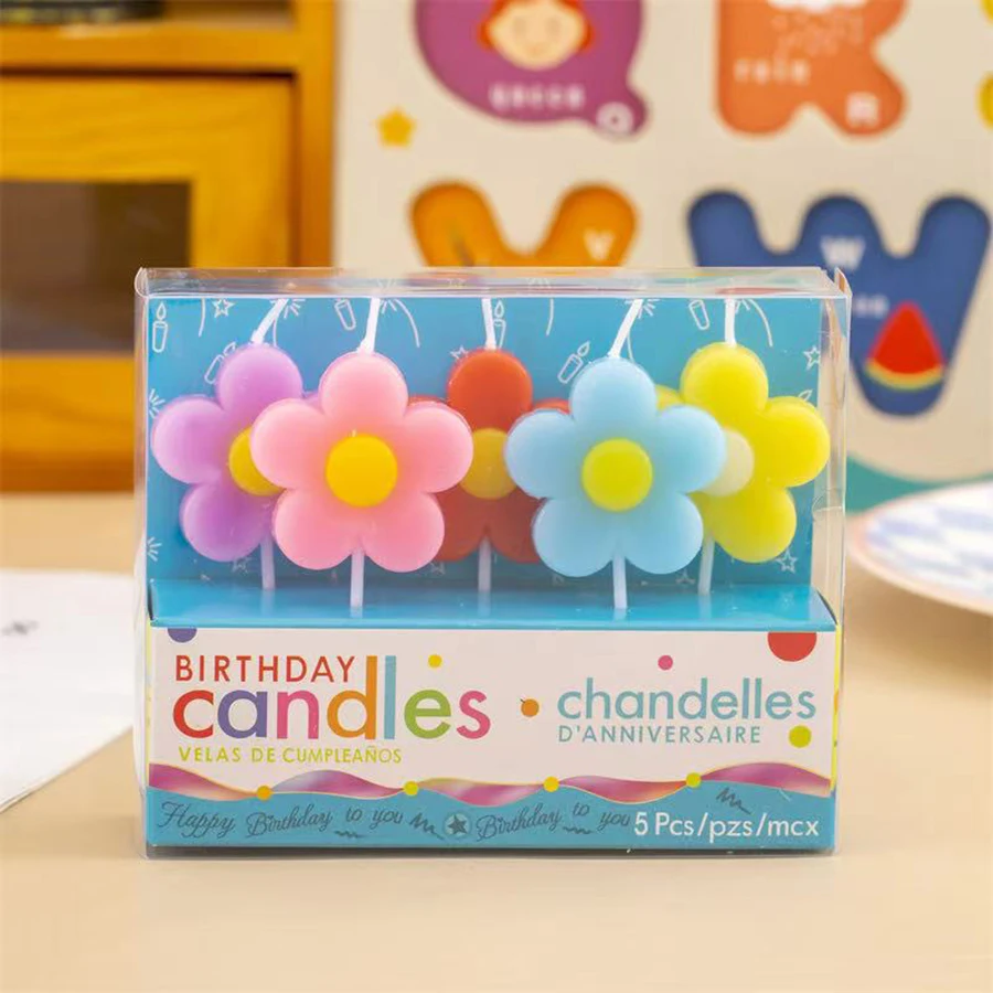 5 Stück bunte blumenförmige Kerzen für Mädchen, Geburtstagsparty, Kuchendekoration, niedliche Plugin-Kerzen – Detail 7