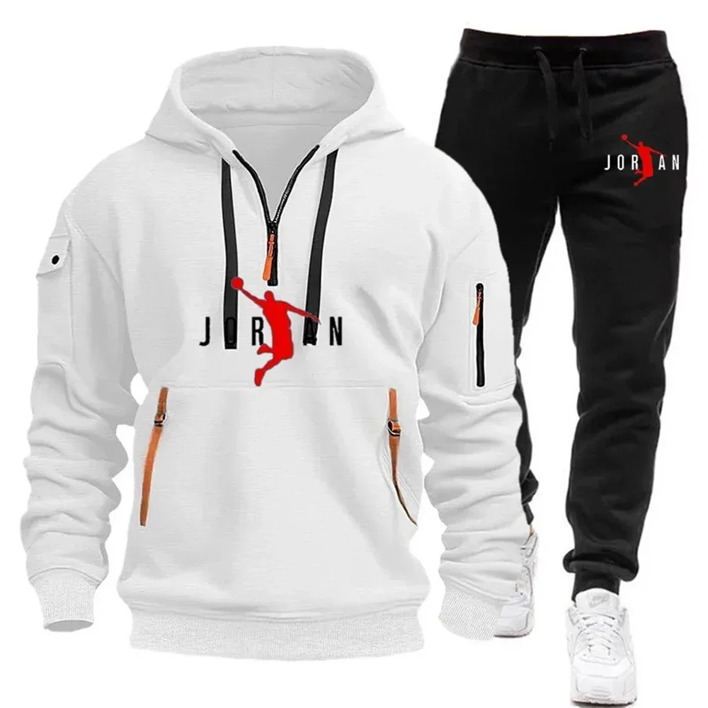 가을과 겨울을 위한 루즈핏 대형 남성 정장, 후드 지퍼 스웨트셔츠와 조깅 팬츠가 포함된 총 2피스