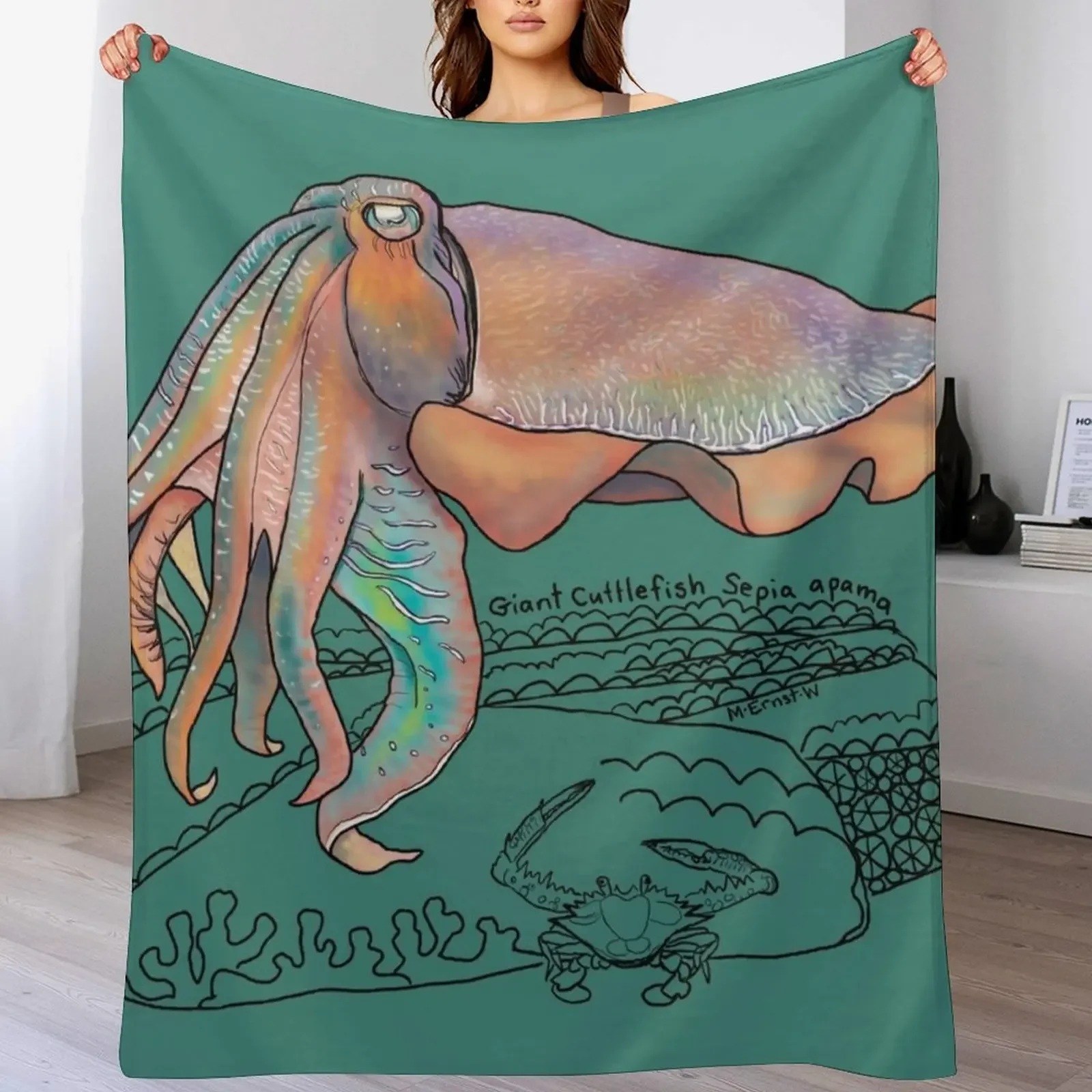 

Giant Cuttlefish Doodle Throw Blanket Travel Size Cozy Blanket for Plane Train