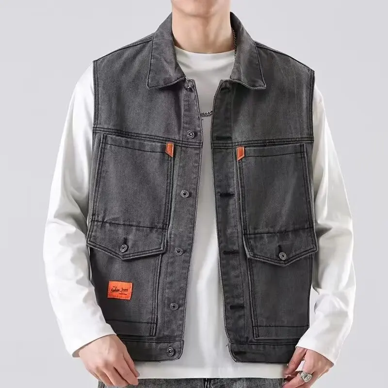 Retro American Denim Vest Men's Spring Autumn Multi-Pocket Outdoor High-End Workwear Wear-Resistant Shoulder Biker Jacket