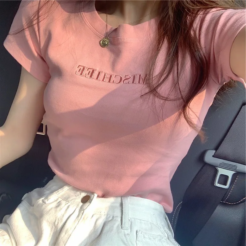 

WTops Tees 2XL Women T Shirts 2025 Summer New Korean letter embroidery slim short sleeve T-shirt female student top for women