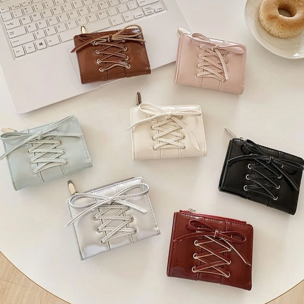 YK2 Strap Bow Women Wallets Short Wallets Card Holder Folding Zipper Coin Purse Girl PU Leather Coin Pouch Casual Clutch Bag