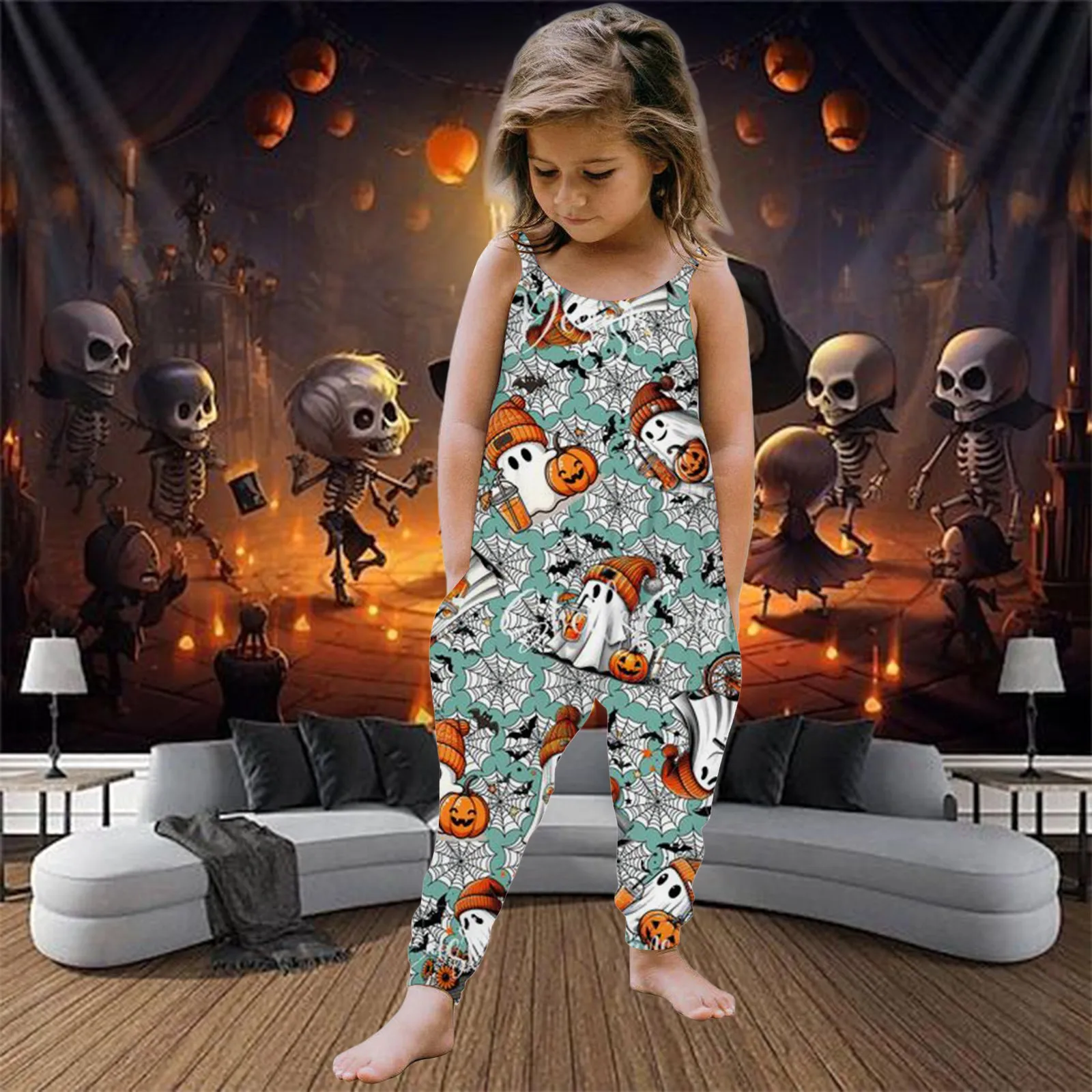 Halloween Jumpsuit Outfits Kids Romper Strap Cartoon Kids Rompers Little Girls Baby Full Batghos Printing Dresses Infant Rompers