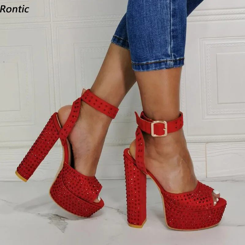 

Rontic/женские сандалии ручной работы на платформе со стразами, на массивном высоком каблуке с открытым носком, красивая красная обувь для вечеринок, женские размеры США, большие размеры 5-20