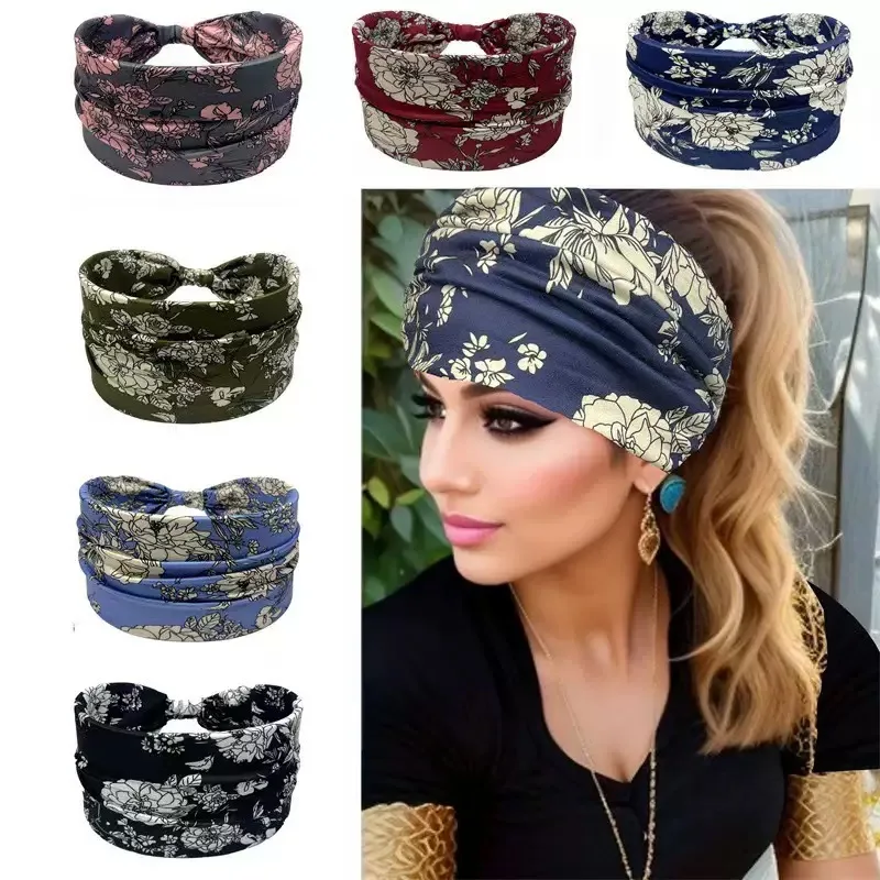 

Women's floral twist headband wide elastic non-slip headscarf large size headband suitable for women's workouts