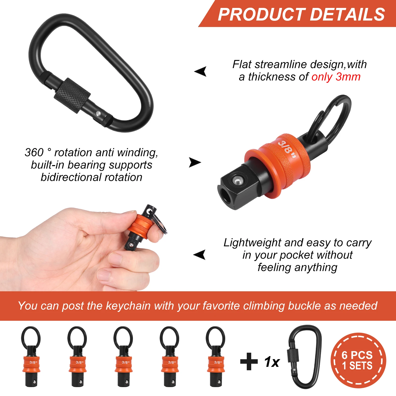 5個入りソケットホルダーキーホルダー 1/2インチ 3/8インチ ソケットオーガナイザー クイックリリースとクリップ付き 建設作業員、大工、整備士向け