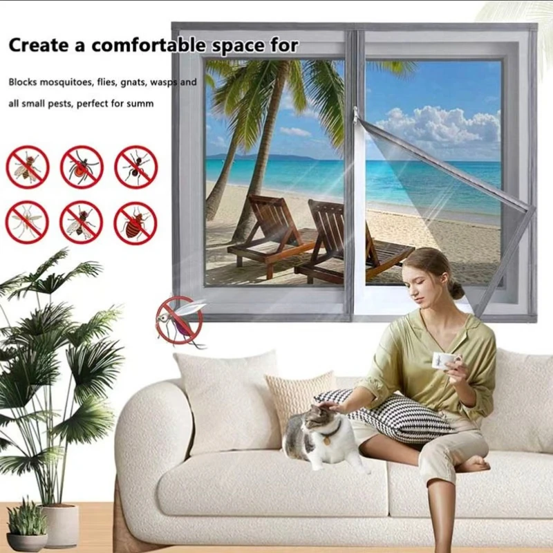 Customizable size mosquito screen window gray zipper self-adhesive mosquito and fly repellent invisible transparent no punching