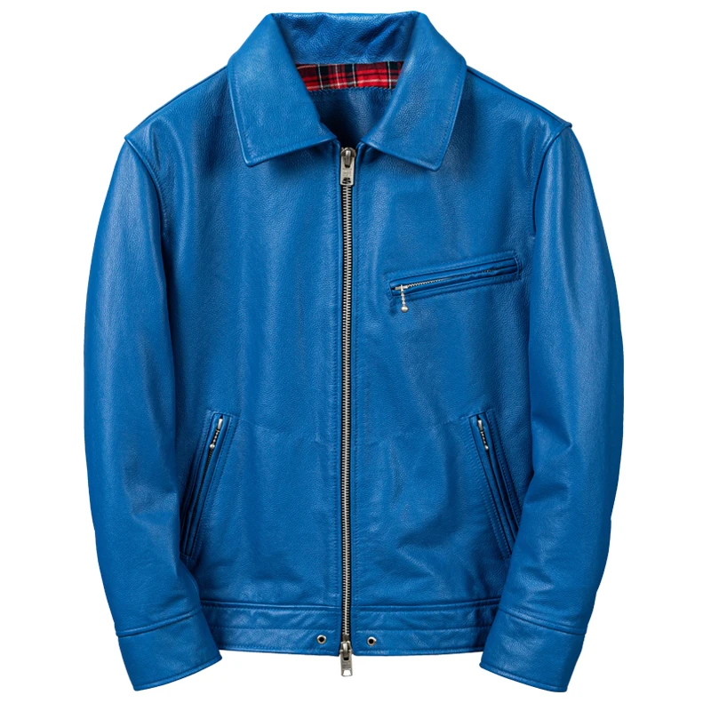 

Blue Autumn Leather Jacket Men Casual Style Plus Size 5XL Genuine Natural Cowhide Turn-Down Collar Slim Fit Leather Coat