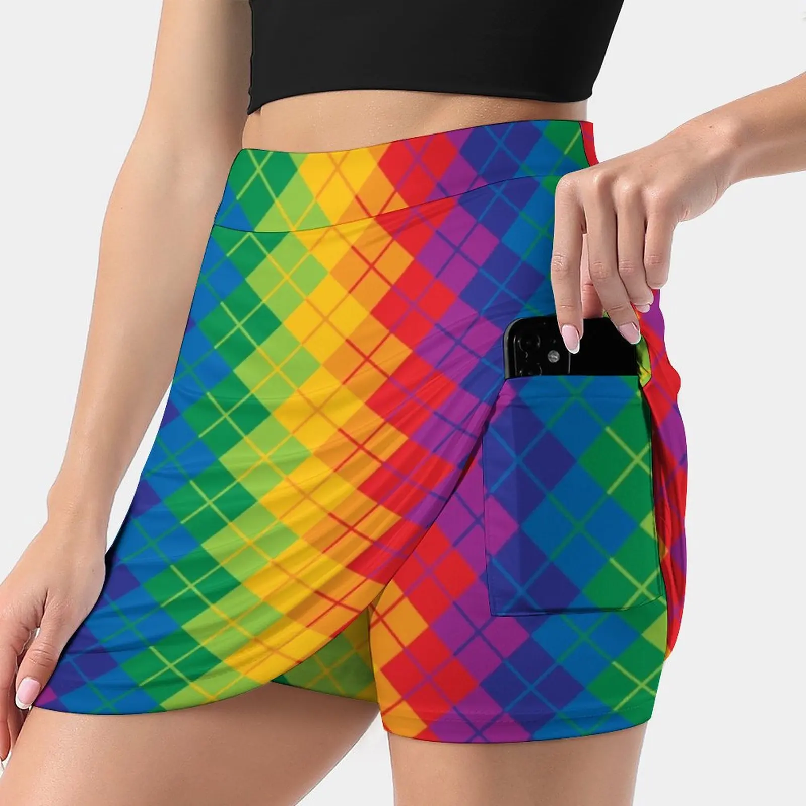 

Rainbow Argyle Women's skirt Sport Skort Skirt With Pocket Fashion Korean Style Skirt 4Xl Skirts Argyle Abstract Pattern Preppy