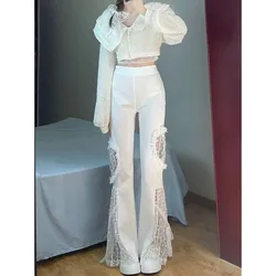 Hollow Out Wide Leg Jeans 2023 Summer Women White High Waist Jeans Sexy Flared Lace Harajuku Pants Patchwork Vintage Streetwear