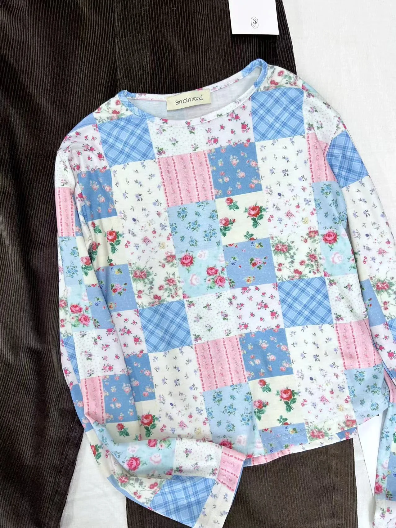 Retro Patchwork Bloemen Lang Sve rond Ne T-shirt Dames Pendelen Sle Gladde Katoenen Innerlijke Slijtage Top Lente Herfst