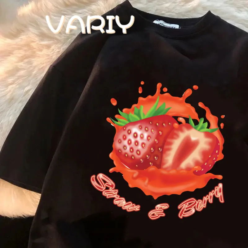 Korean Retro Strawberry Printed Short Sleeved T-shirt Women's Clothes High Quality Tee Shirt Streetwear Summer Loose T Shirts