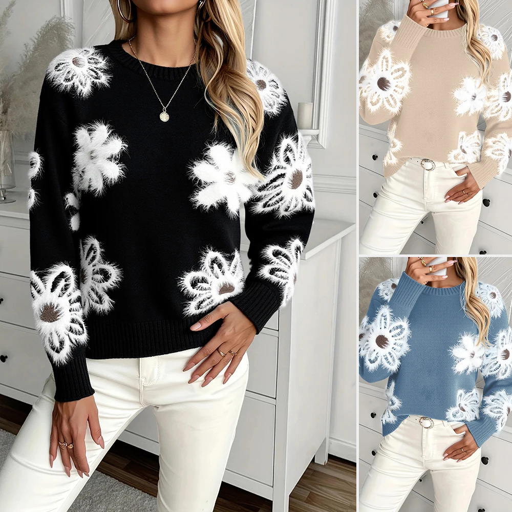 

Женский свитер 2025 года, синий, белый, с цветочным принтом, из плюша, из мягкого материала, с длинным рукавом, с круглым вырезом, удобный повседневный зимний трикотаж