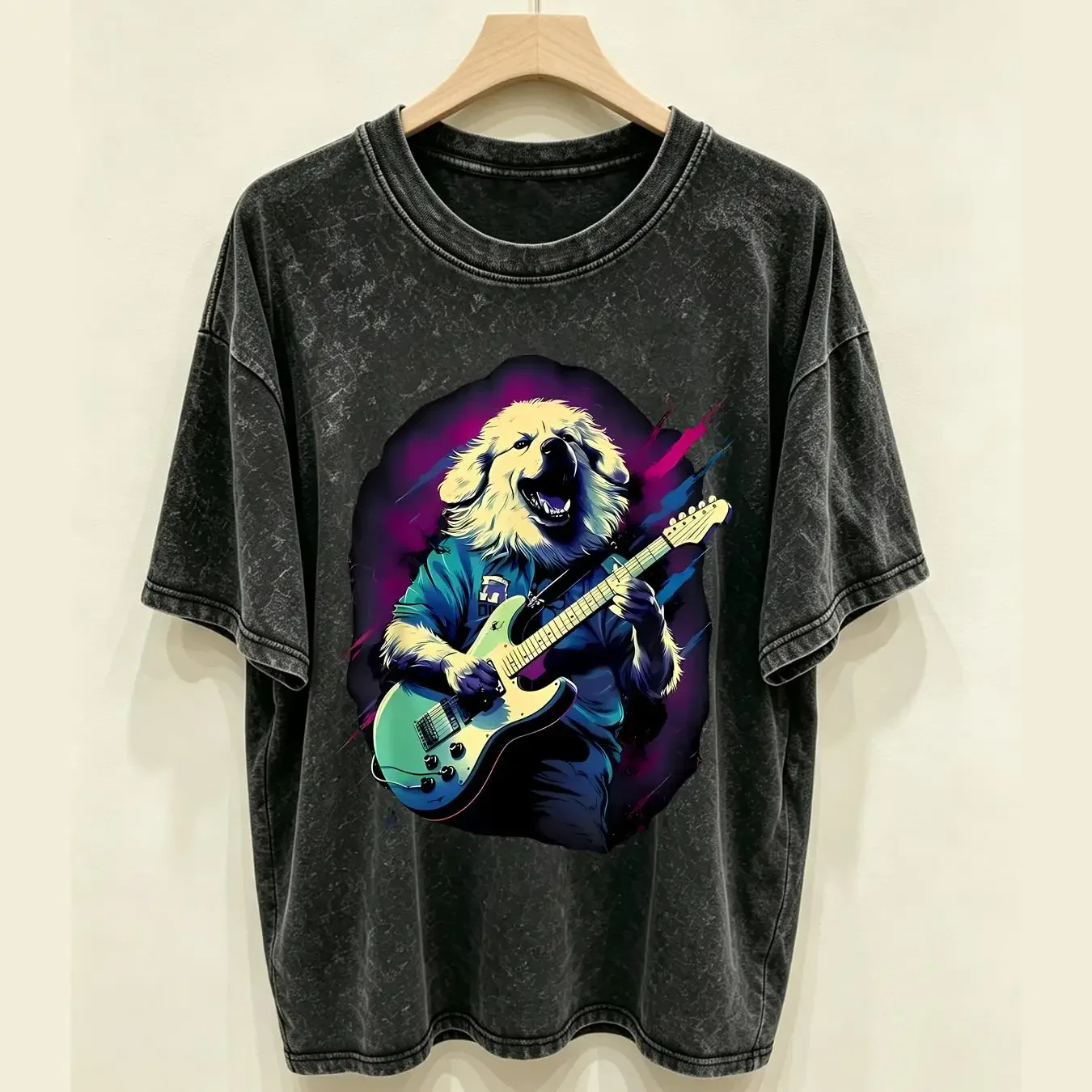 washed T Shirt Punk Rock Guitar Great Pyrenees Dog Guitarist long or short sleeves vintage Washed designer clothes Slightly