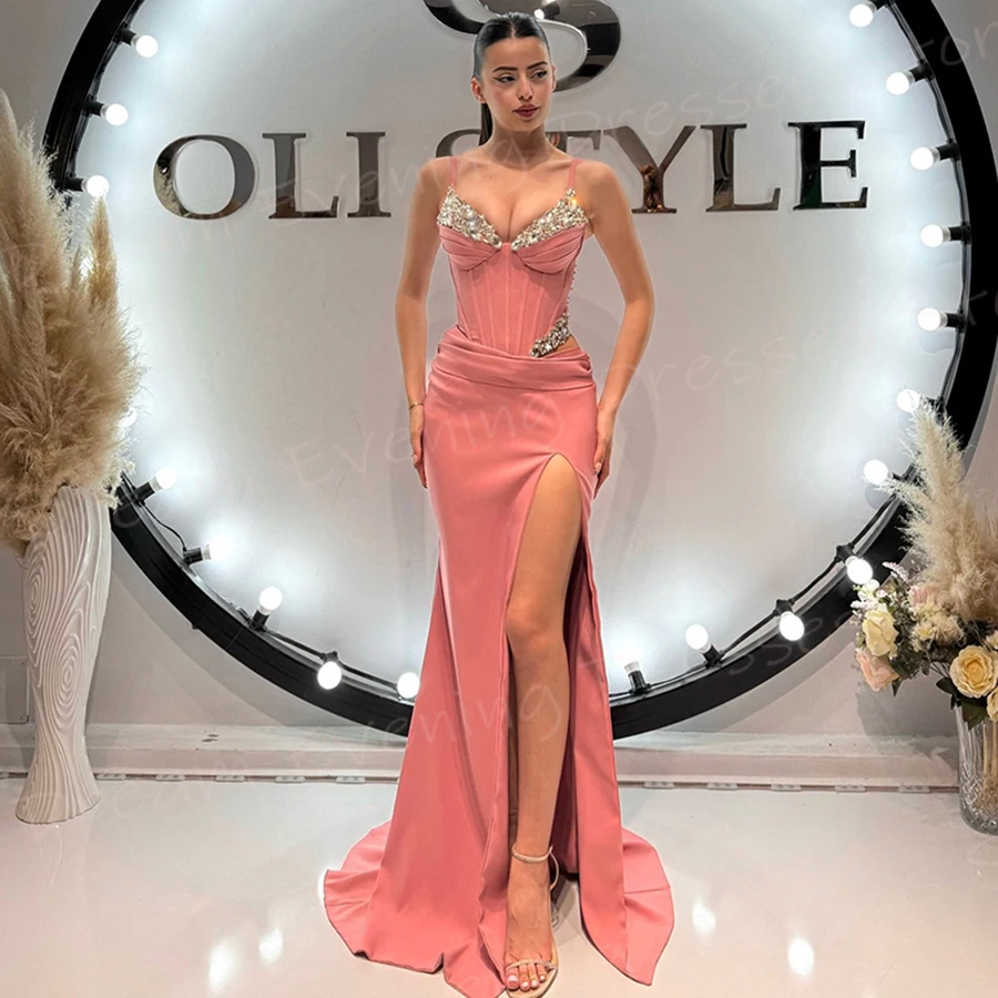 Gentle Pink Mermaid Pretty Women's Evening Dresses Sexy Spaghetti Strap Sleeveless Prom Gowns Side Split Beaded Vestido De Noche