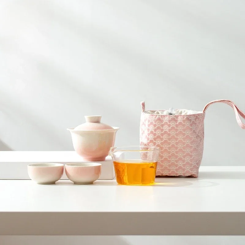 Plant Ash Glaze Gradient Travel Tea Set Ceramic Gongfu Set Gaiwan Portable Cup Kettle With Bag Outdoor
