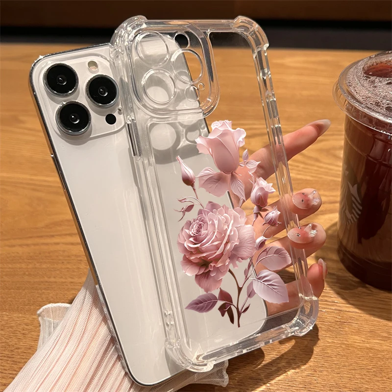 Flower Silicone Phone Case For iPhone 16 15 14 13 12 11 Pro Max XS X XR 7 8 16 Plus SE Transparent Soft Shockproof Bumper Cover