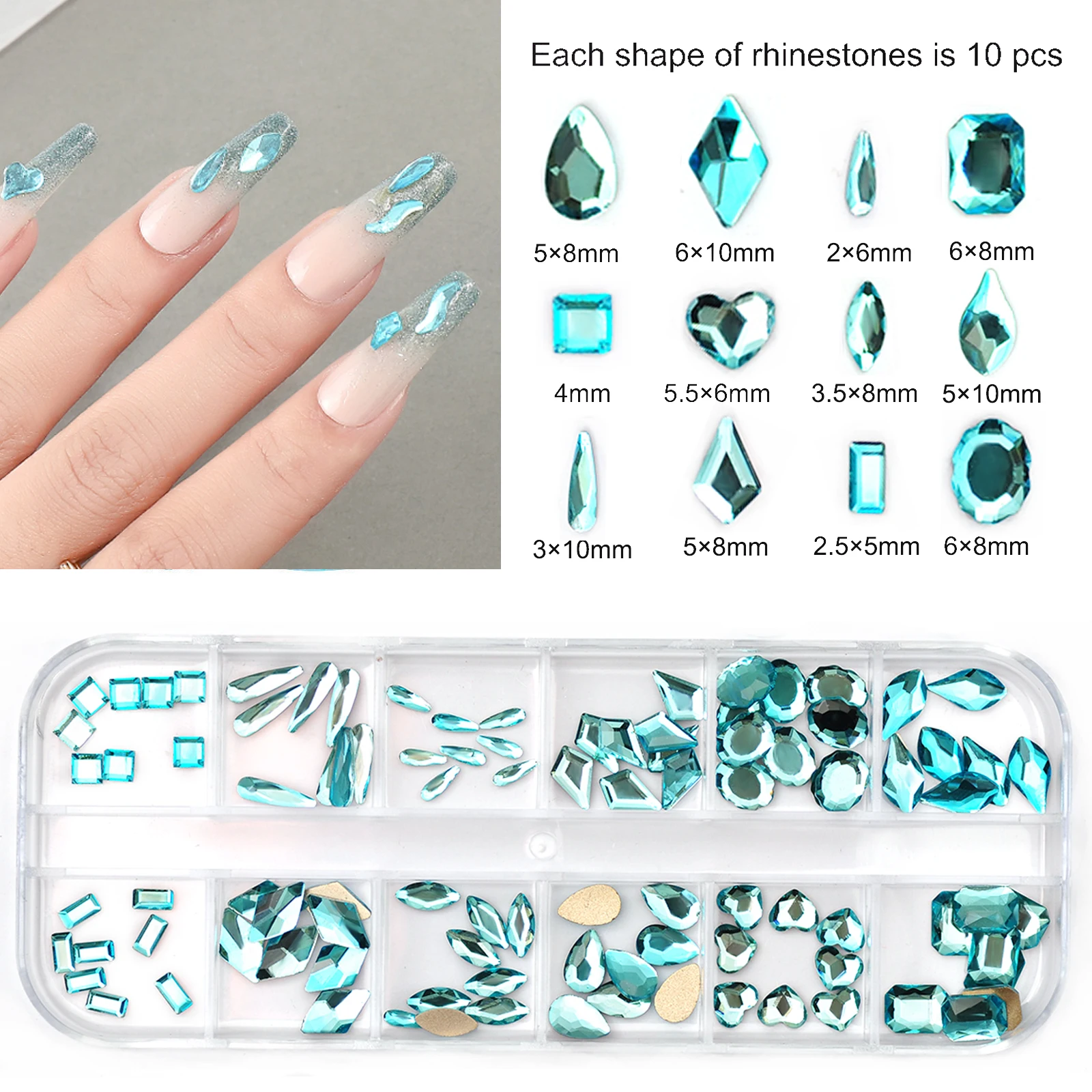 120PCS/12Girds Aquamarine Non Hotfix Rhinestones Flatback Crystal Diamond Gems 3D Glitter SW Nail Art Luxurious Decorations