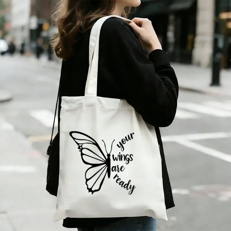 Butterfly Your Wings Are Ready Quote Canvas Tote Bag Women Inspirational Slogan Reusable Shopping Shoulder Casual Handbag