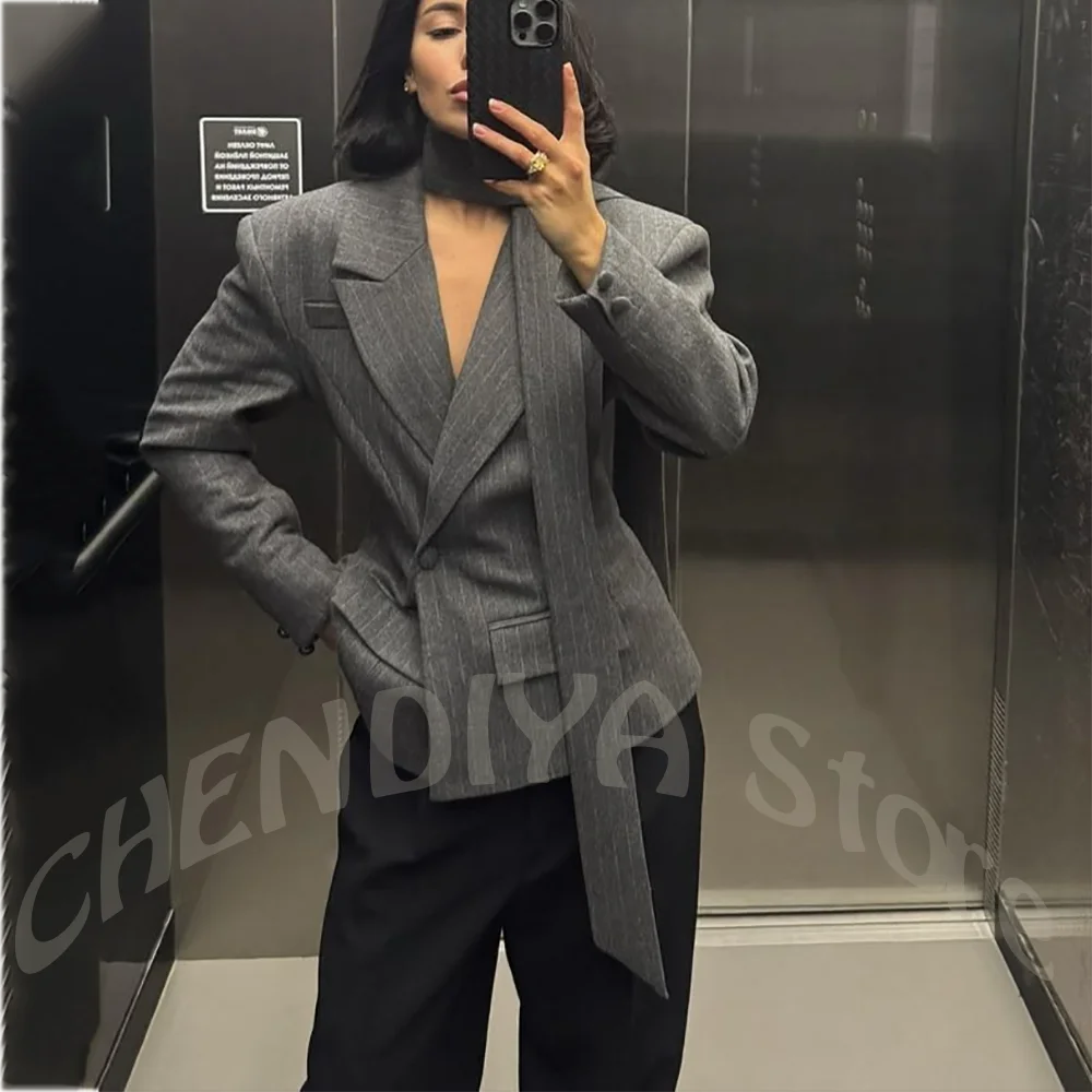 Casual Women's Suit Striped Jacket+Solid Pants Chic Single Button Peaked Lapel Muffler Straight Fit Fashion 2Piece Outfit