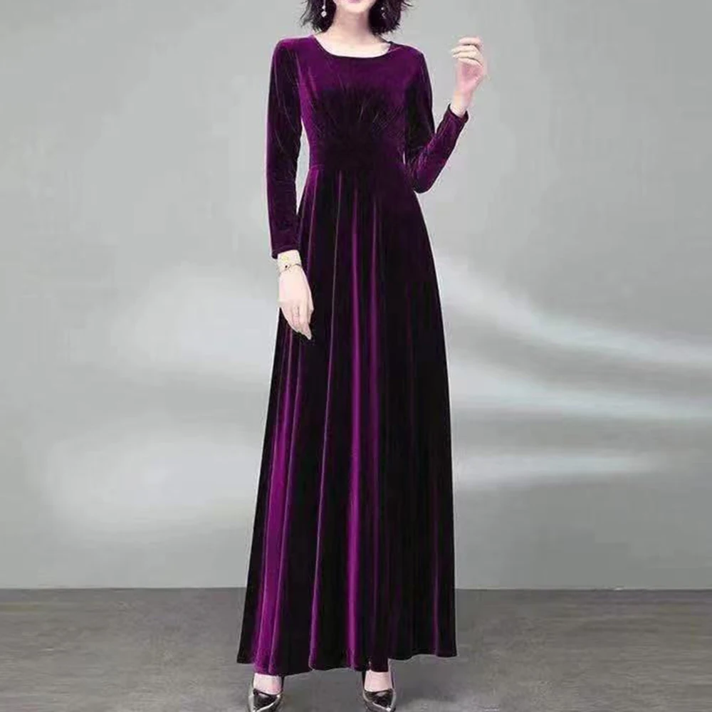 

Noble women's clothing lady 2025 autumn and winter gold velvet long-sleeved high-end dress slim waist and a large swing skirt