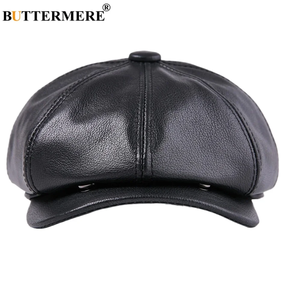 

BUTTERMERE Black Real Cow Leather Hats Newsboy Caps Men Genuine Leather Newspaper Cap Male Vintage Winter Octagonal Hats