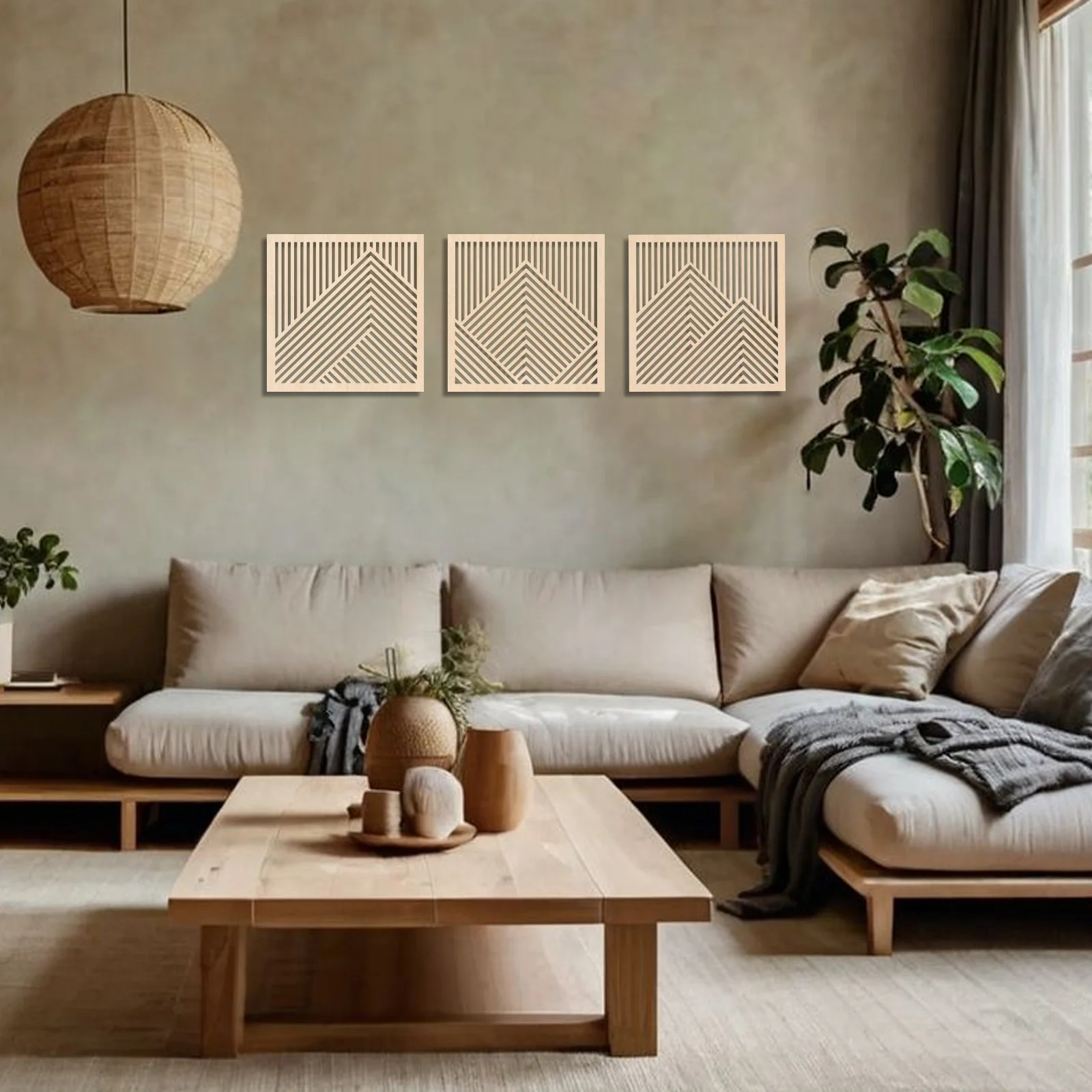 3Pcs Wooden Mountain Wall Art - Minimalist Abstract Line Panel, 12x12 inch Engineered Wood, Nature Decor for Living Room, Bedroo