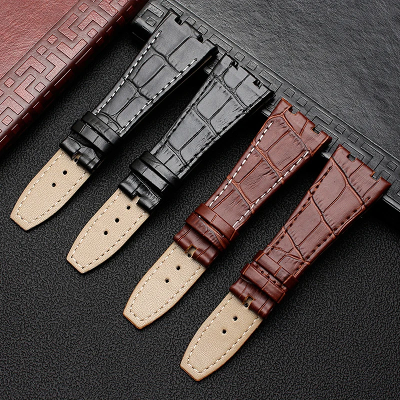 For AP 41mm Dial strap 26mm Black Brown With Stitches Genuine Leather Cowhide Watch Band Bracelet with steel deployment buckle