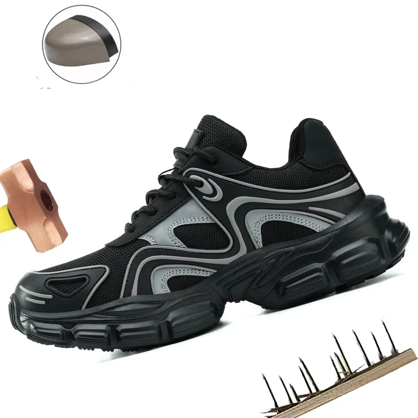 女性の安全靴アンチスマッシュスチールヘッド抗穿刺ケブラーファッションオフィス女性の作業靴ノンスリップソール増加-3-センチメートル