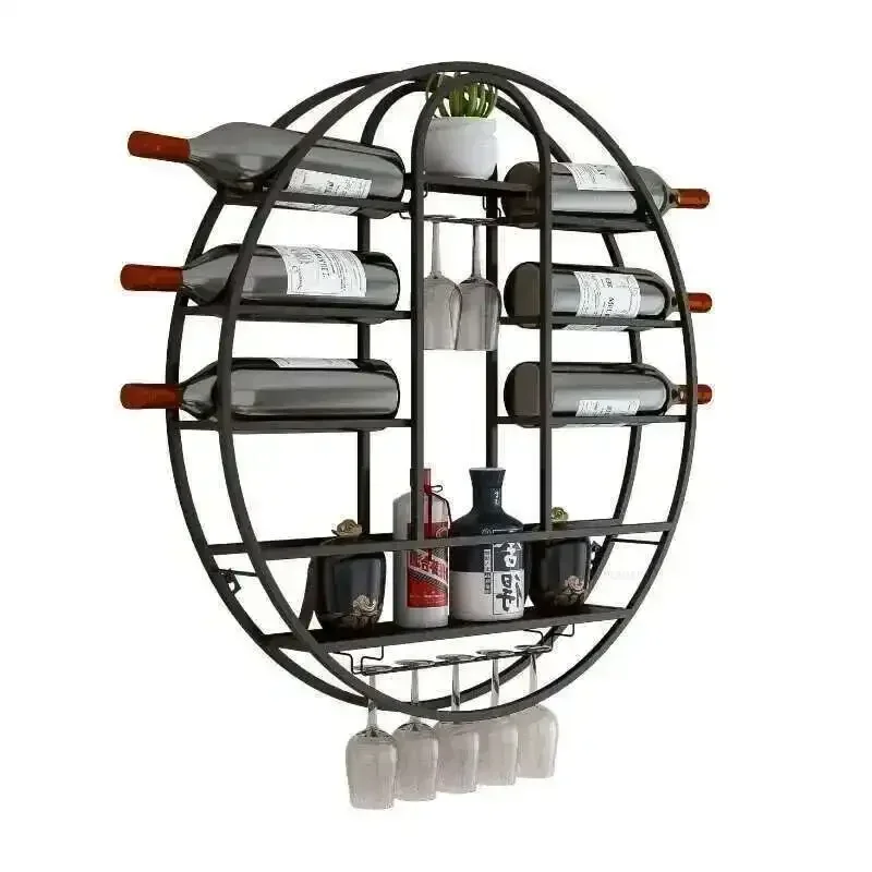 Nordic Round Wall-mounted Wine Rack Home Storage Rack with Wine Glass Holder Bar Furniture Luxury Gold Iron Wine Cabinets
