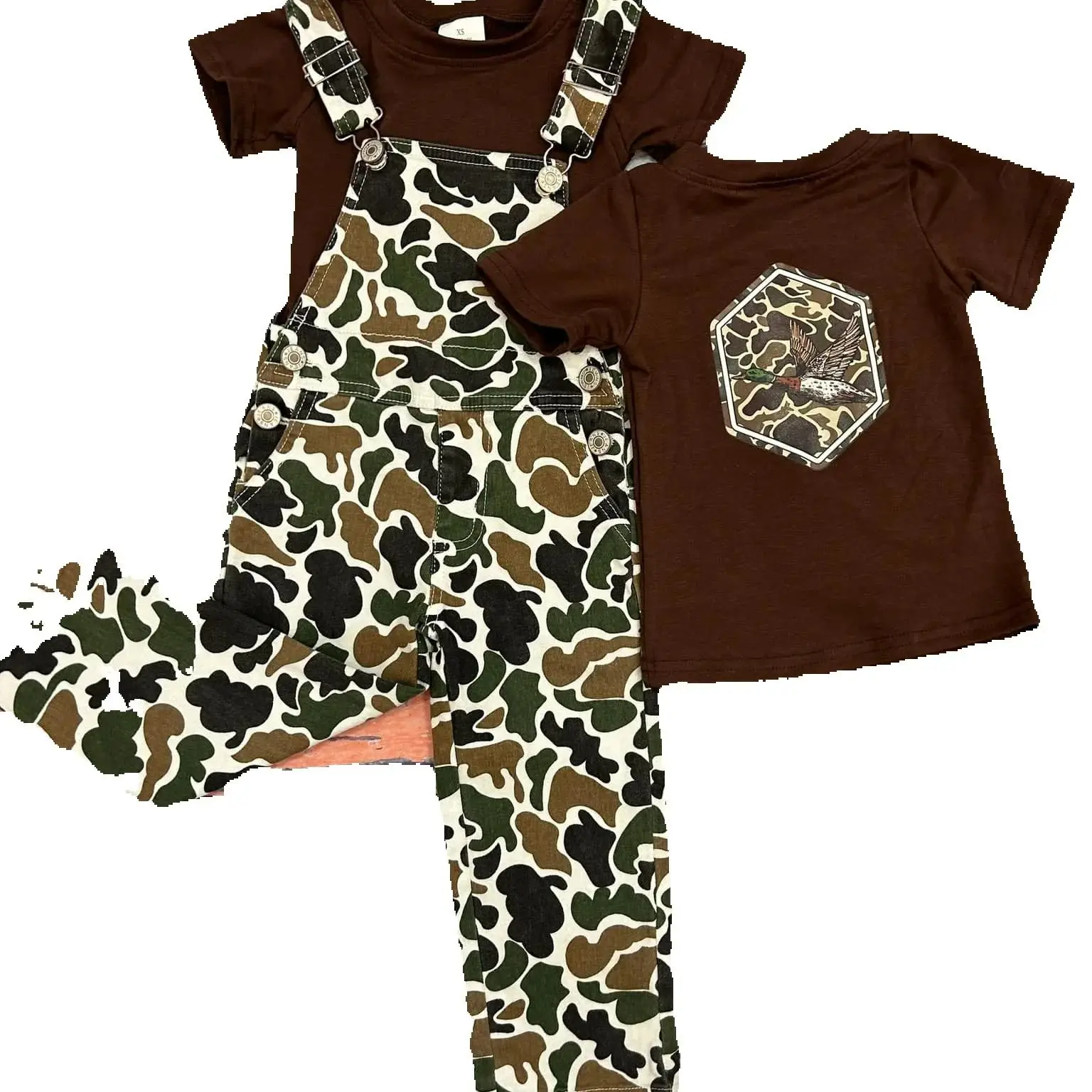 New rts baby boy overalls suit wholesale boutique hunting camo duck brown top green camouflage denim overalls suit