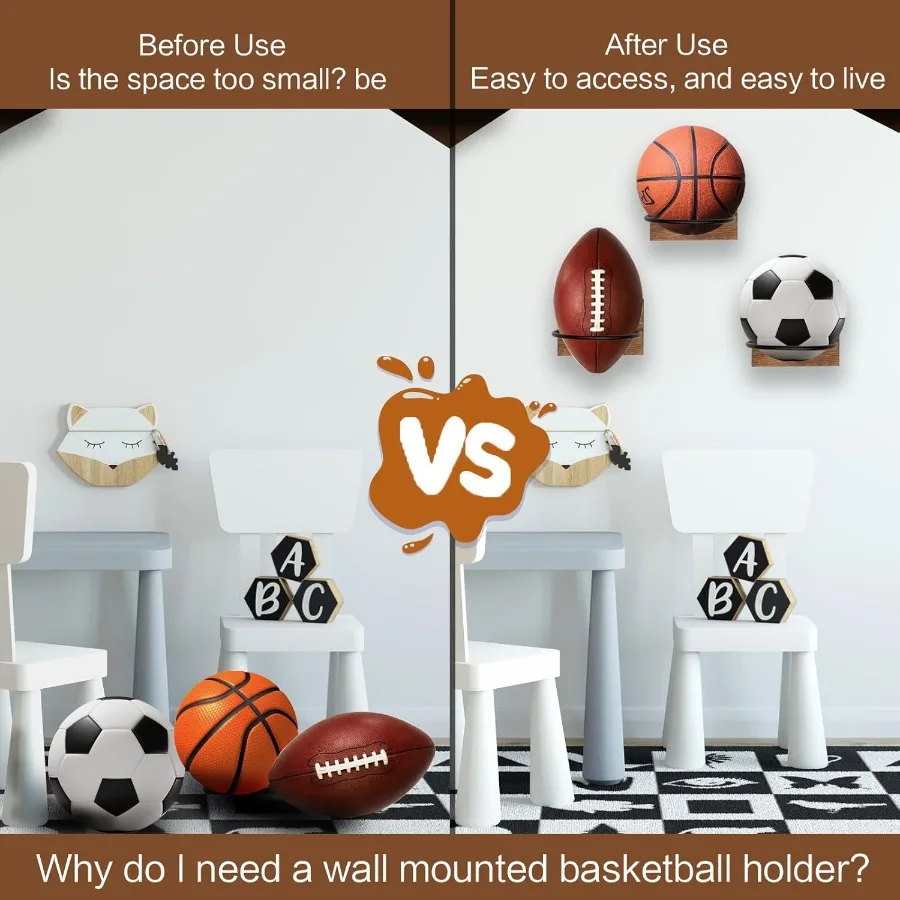 1 個木製バスケットボールホルダー壁掛けボールオーガナイザーラックディスプレイ壁収納サッカーバレーボールラグビーフットボール用