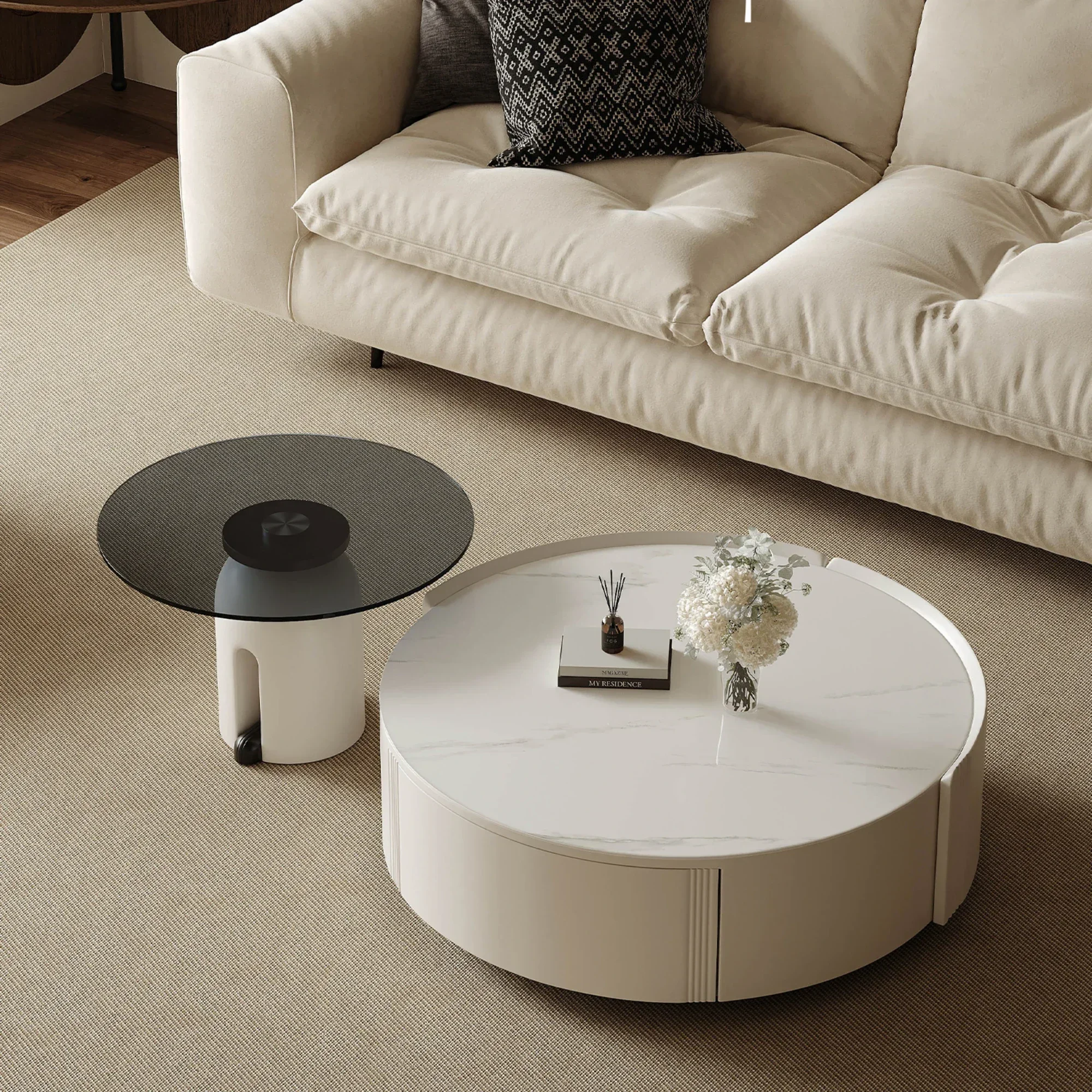 

Stone Plate Coffee Table Small Apartment Modern Minimalist Designer round White Coffee Table Combination