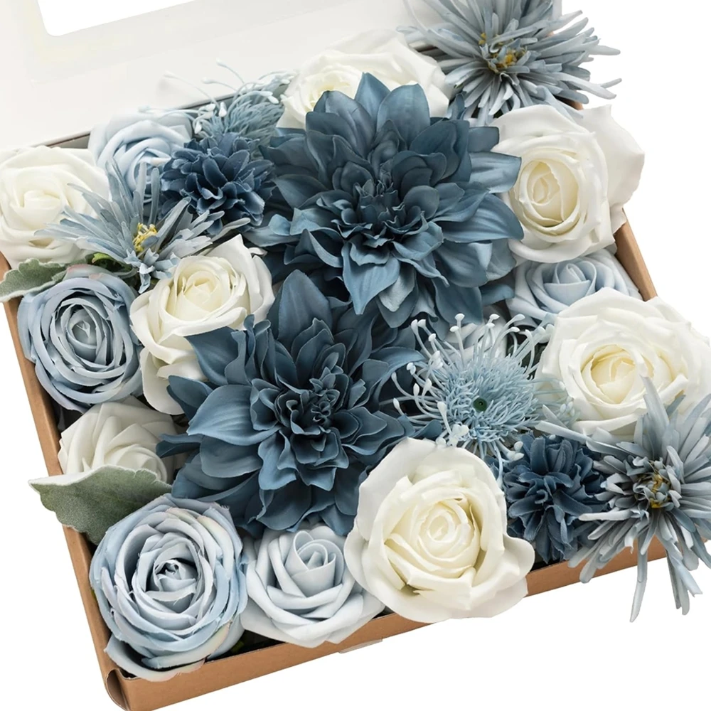 Blue and white rose artificial flower combination box, bridal bouquet, outdoor/indoor DIY decoration, holiday decoration flowers