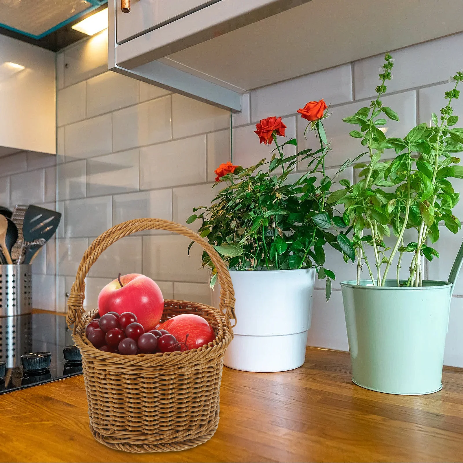 

Imitation Rattan Woven Basket with Handle Multi Purpose Storage Basket for Picnic Party Outdoor Travel Rustic Vintage Style