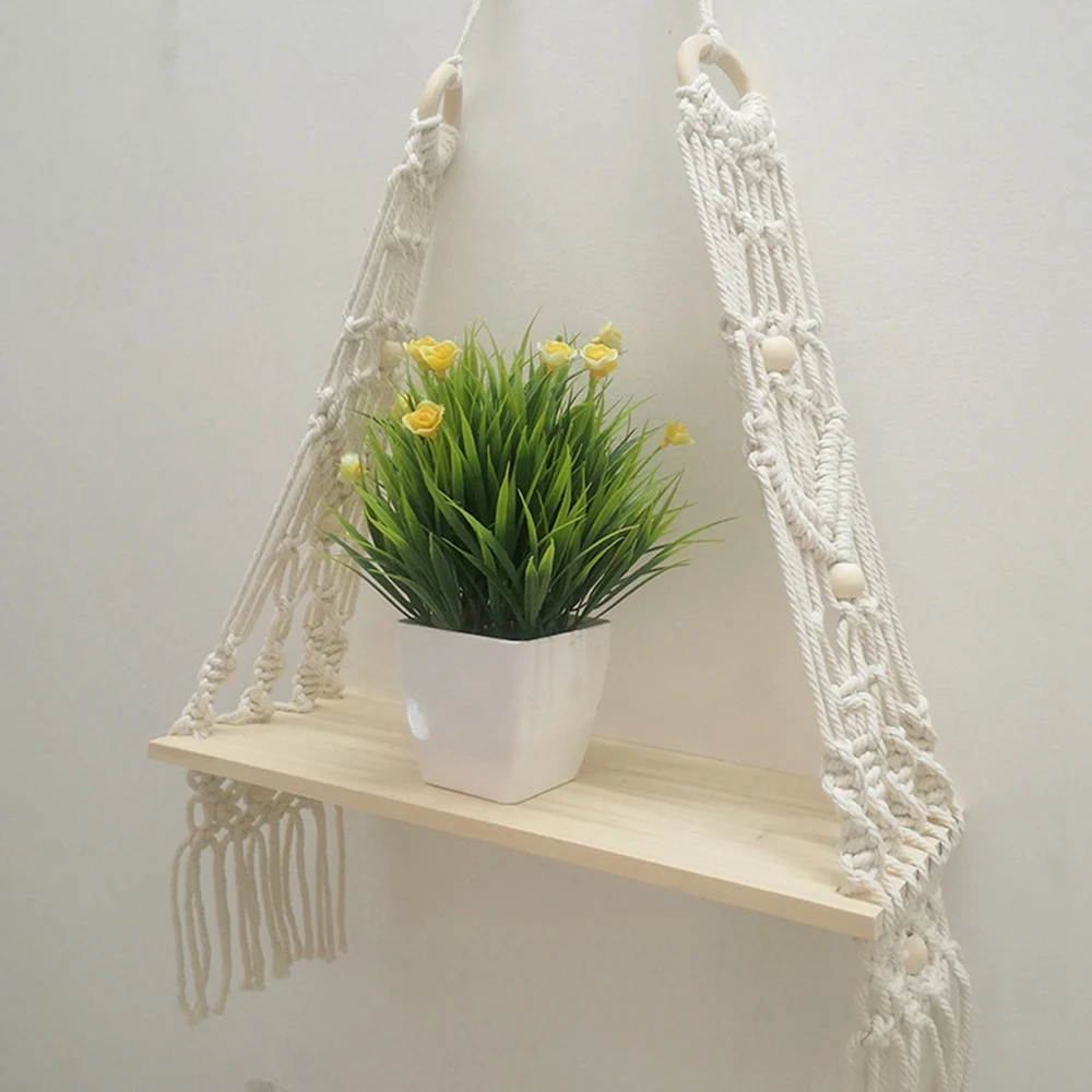 Macrame Appeso a parete Porta arazzi intrecciato a mano Scaffale in legno Cornice divisoria Porta piante Decorativo bohémien